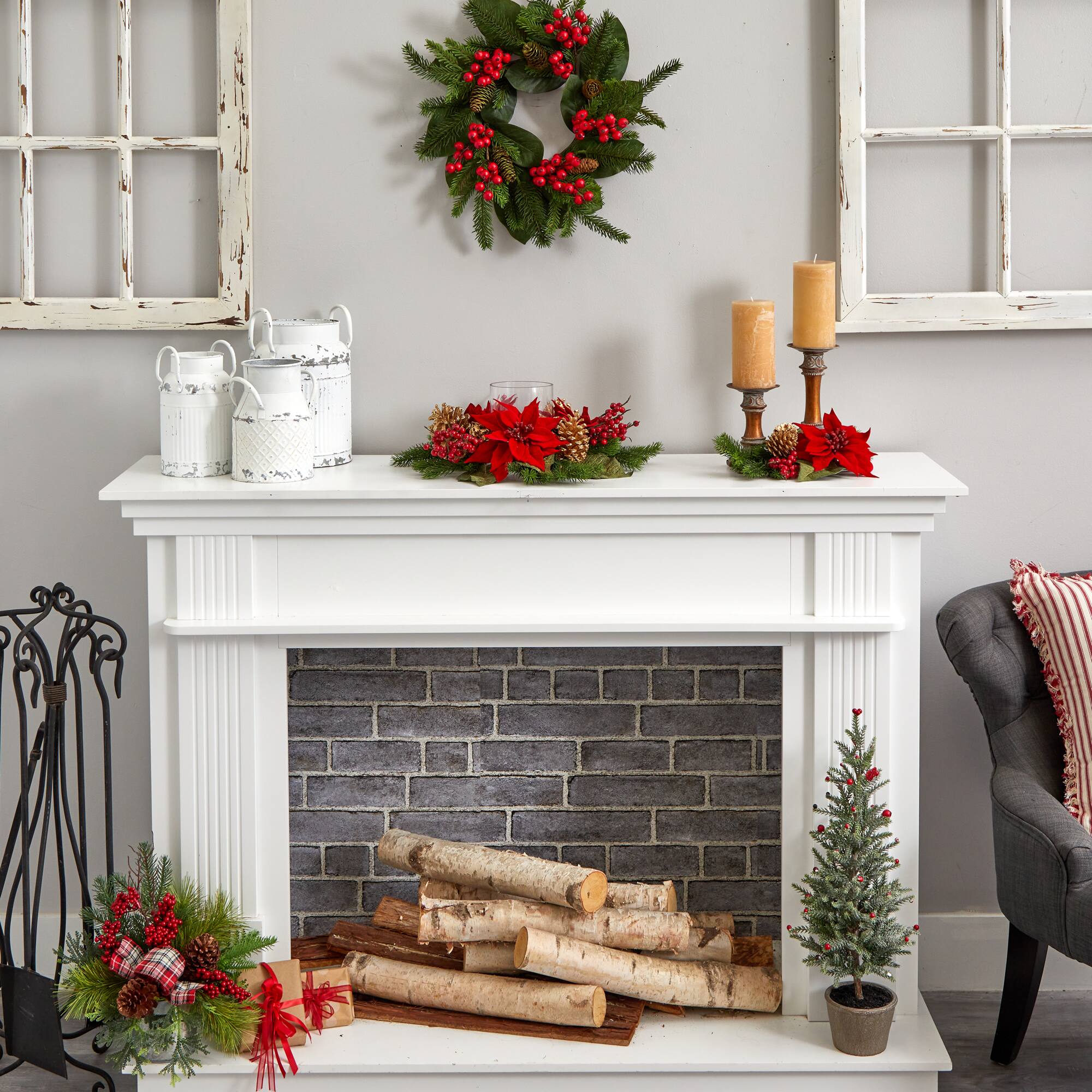 14" Poinsettia, Berry & Golden Pinecone Candelabrum Artificial Arrangement